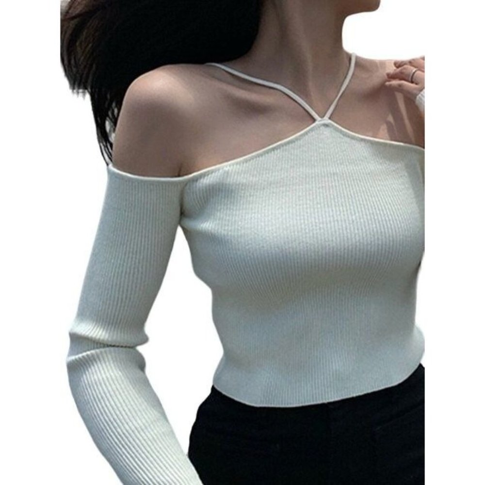 Mable Cold Shoulder Cutout Ribbed Knit Crop Cold Shoulder Sweater Cream Women M